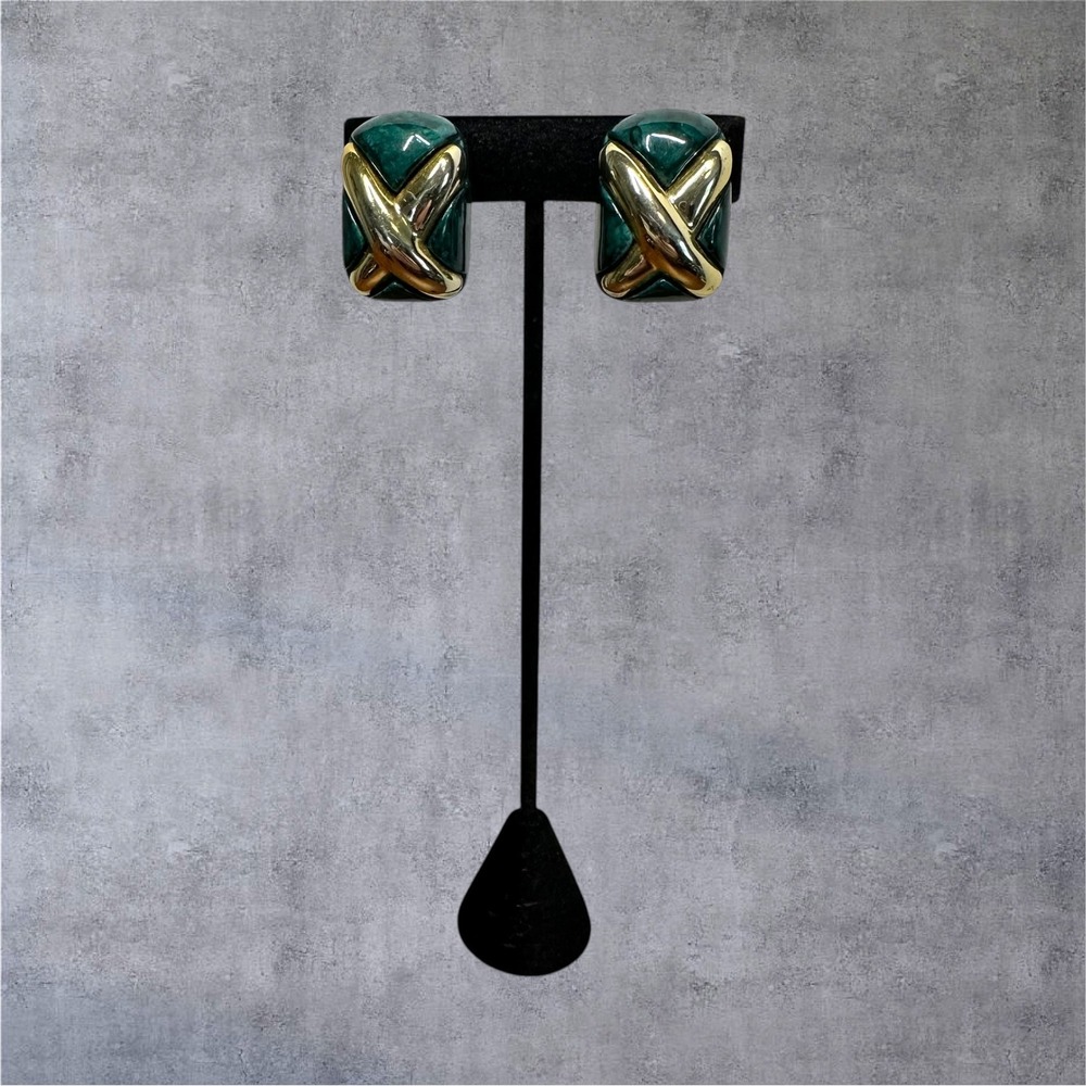 Clip On Earrings Womens Teal‎ Gold Vintage Marbled X Design